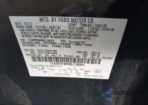 2011 Ford Taurus Sel from USA, damaged, VIN 1FAHP2EW9BG158005